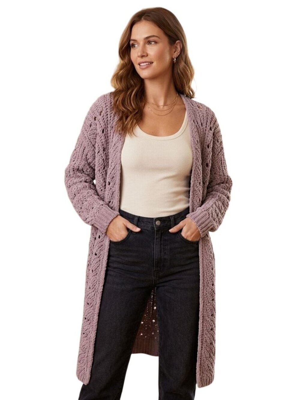 Moon & Madison Dusty Rose Open Knit Chenille Duster Cardigan Sweater Size L